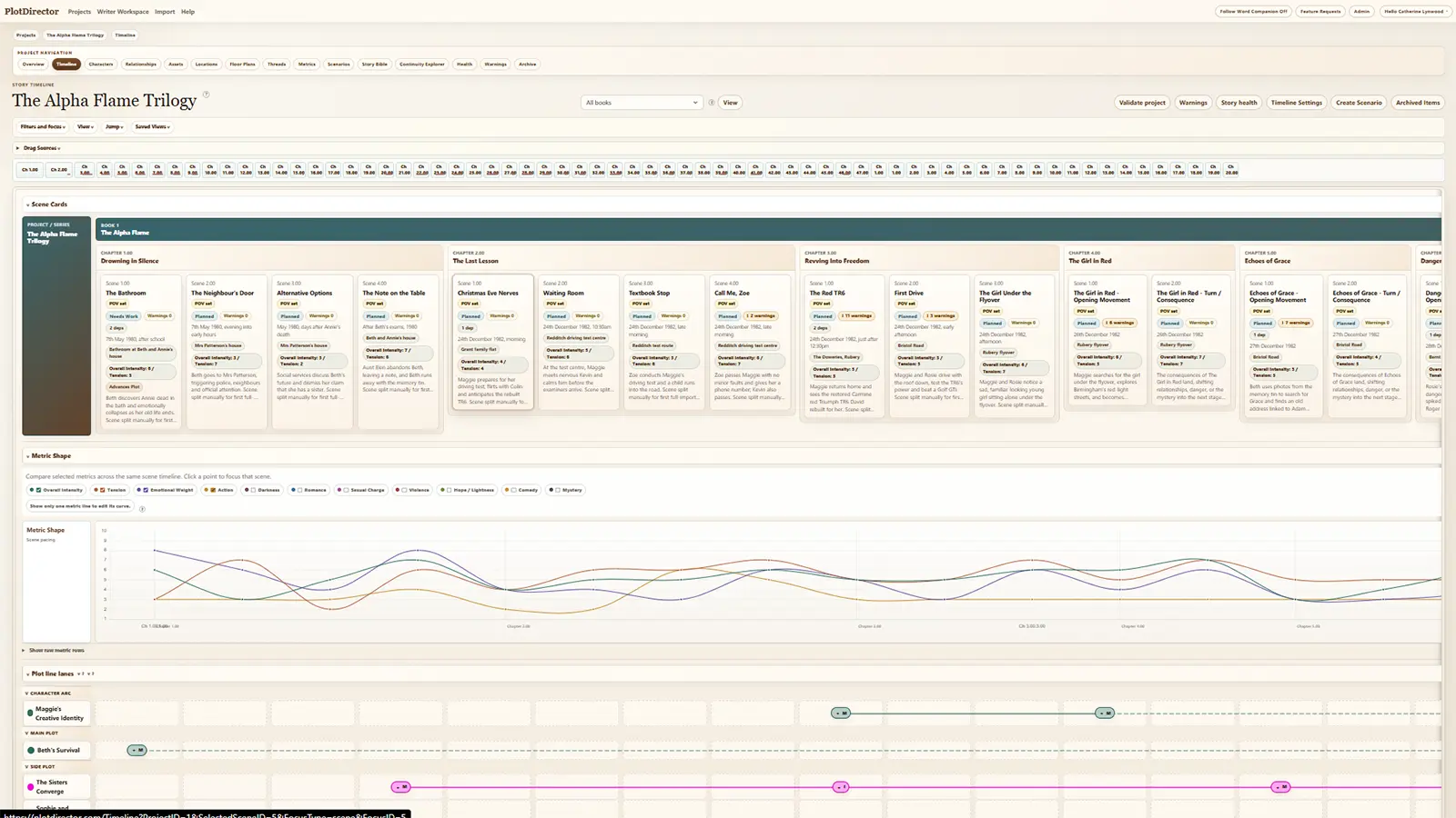 PlotDirector timeline overview with scenes, plot threads and story warnings.