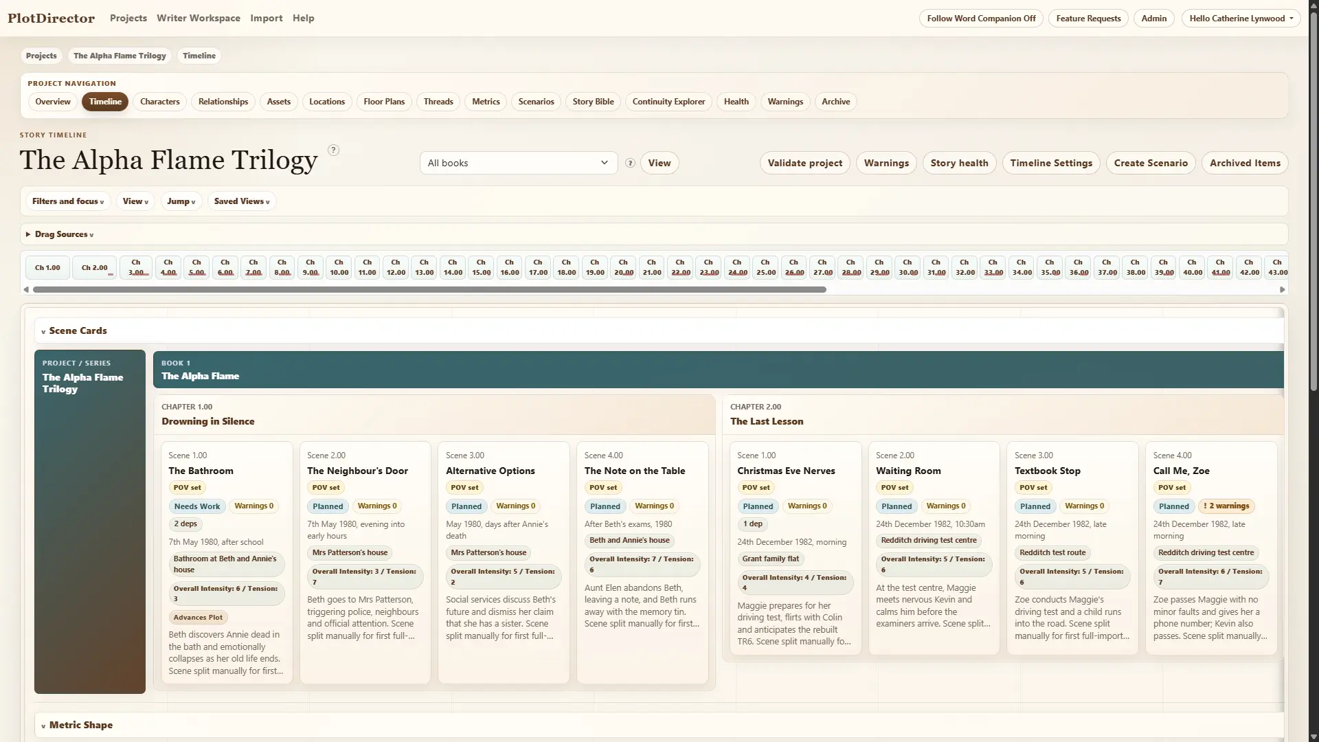 PlotDirector main story timeline with readable landscape scene cards and plot thread lanes.