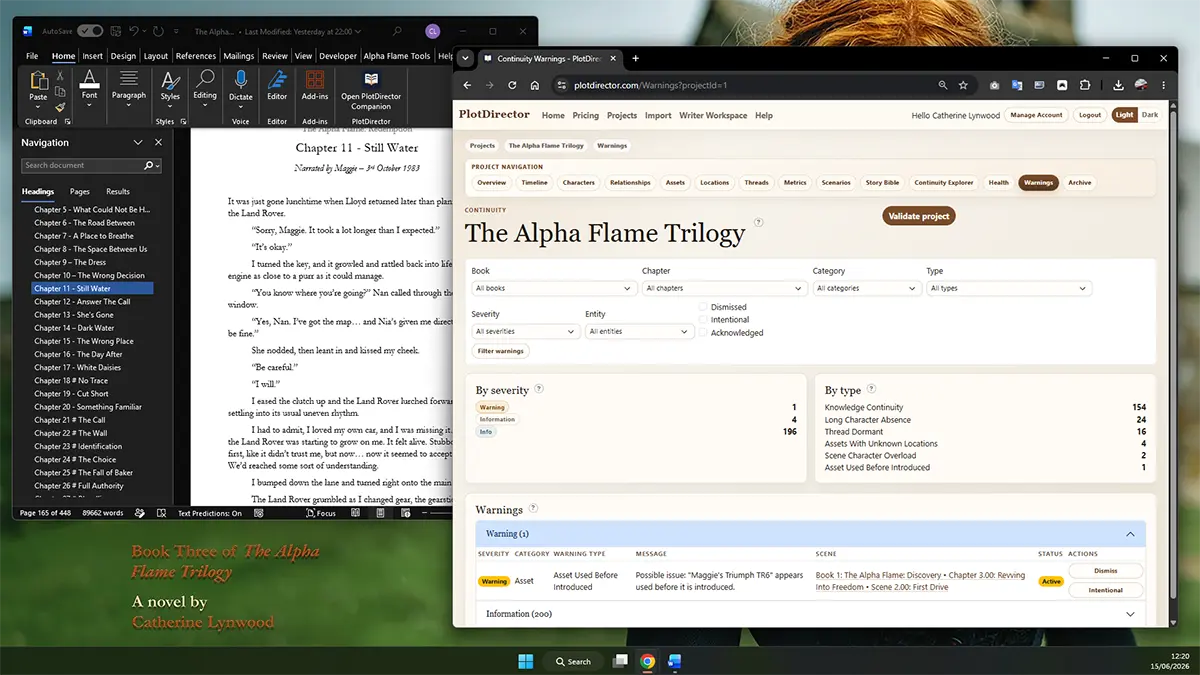 PlotDirector manuscript continuity view highlighting story details and possible contradictions.